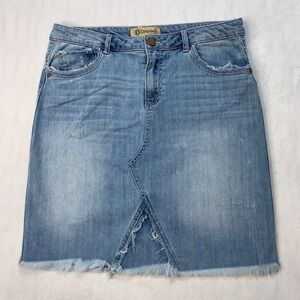 Democracy Denim Skirt Size 8 Light Wash Distressed Frayed Hem Midi A-Line Cotton